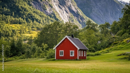 Red Cabin in the Norwegian Mountains