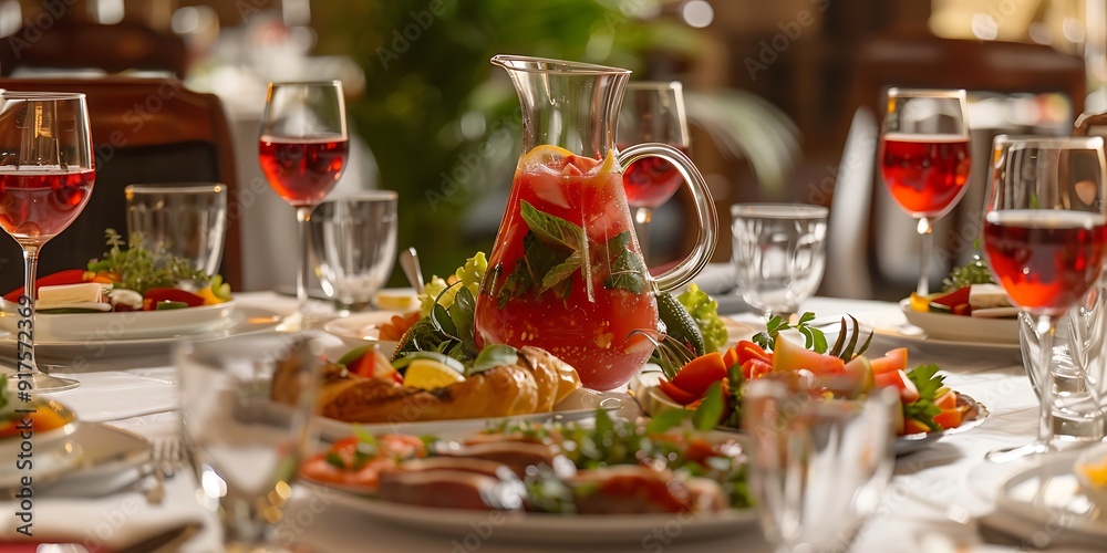 An elegant dinner table set with various dishes and a pitcher of juicy juice in the center An elegant dinner table set with various dishes and a pitcher of juicy juice in the center