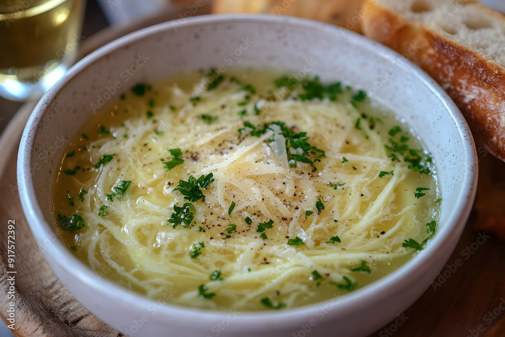 Tender egg ribbon Stracciatella soup with Parmesan, served in a rustic setting with bread and white wine Tender egg ribbon Stracciatella soup with Parmesan, served in a rustic setting with bread and white wine