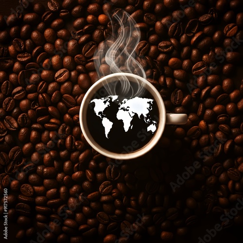 Latte Latitudes: Worldview in a Cup. White coffee cup with world map design on dark coffee bean background