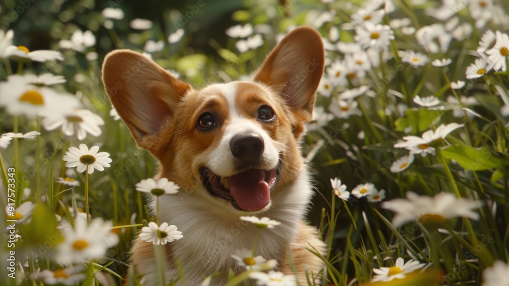 A Happy Corgi Dog Surrounded by White Daisies in a Field A Happy Corgi Dog Surrounded by White Daisies in a Field