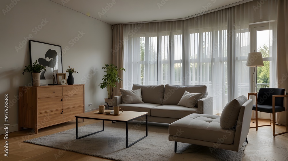 Light living room with folding screen, comfortable sofa, coffee table and chest of drawers. Generative AI Light living room with folding screen, comfortable sofa, coffee table and chest of drawers. Generative AI