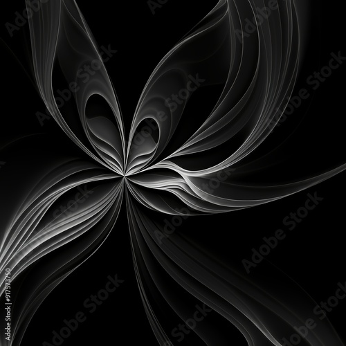 Ethereal Bloom: Monochrome Floral Abstraction. Symmetrical white floral-like pattern on black background
