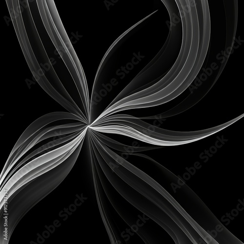 Whisper Petals: Delicate Monochrome Florals. Delicate white petal-like shapes forming a symmetrical pattern on black
