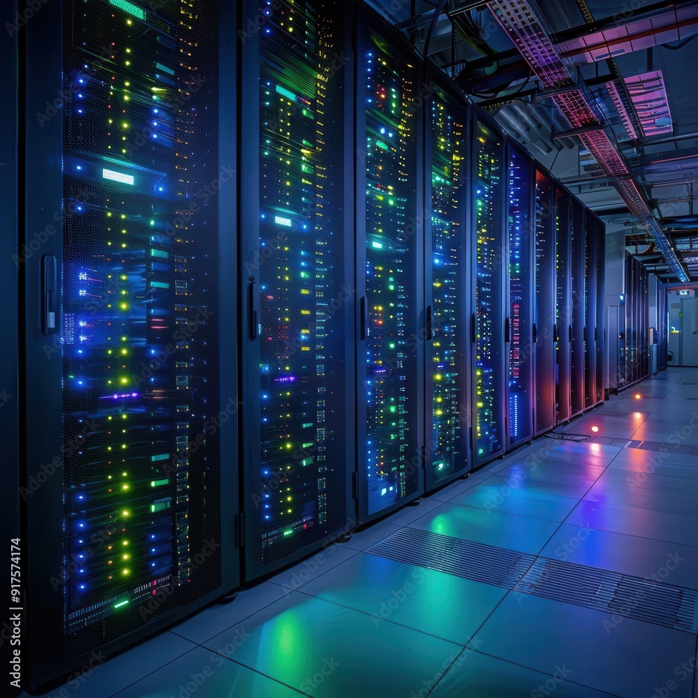 Servers with glowing LEDs, row of network units, dark room, vibrant blue and green lights, wideangle shot, efficient and advanced data center Servers with glowing LEDs, row of network units, dark room, vibrant blue and green lights, wideangle shot, efficient and advanced data center