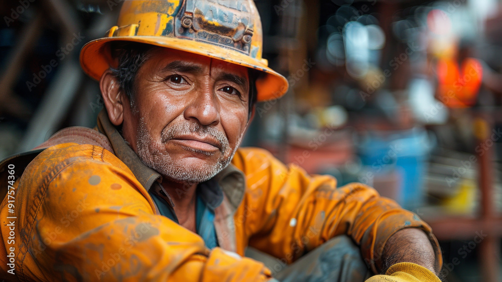 a sad construction worker sitting, a building site in the background,generative ai a sad construction worker sitting, a building site in the background,generative ai