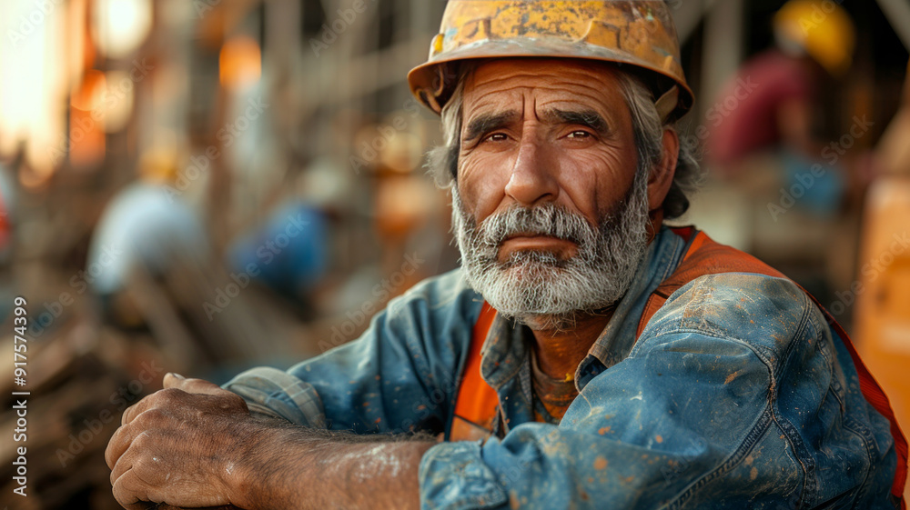 Fototapeta premium a sad construction worker sitting, a building site in the background,generative ai