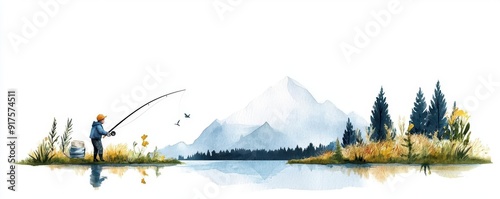 Watercolor illustration of a lone fisherman in a tranquil mountain lake. photo