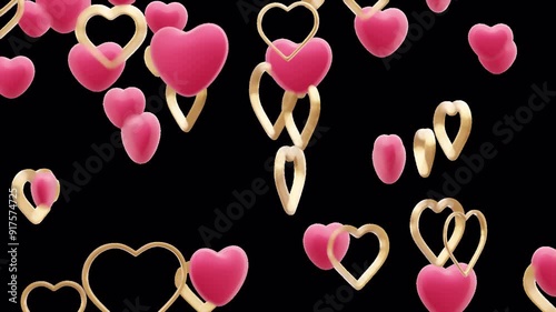 Pink and golden hearts rising on transparent background. Seamless looping animation.