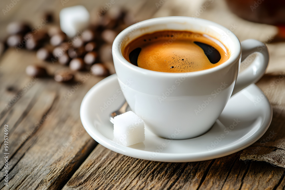 Freshly brewed Espresso with golden crema in a white ceramic cup on a rustic wooden table in an authentic Italian cafe Freshly brewed Espresso with golden crema in a white ceramic cup on a rustic wooden table in an authentic Italian cafe