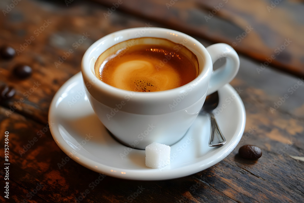 Aromatic Espresso with golden crema served in a white cup on a rustic table with coffee beans Aromatic Espresso with golden crema served in a white cup on a rustic table with coffee beans