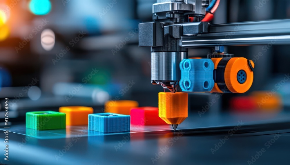 Close-up of a 3D printer creating colorful plastic shapes, showcasing advanced technology and creativity in digital fabrication. Close-up of a 3D printer creating colorful plastic shapes, showcasing advanced technology and creativity in digital fabrication.