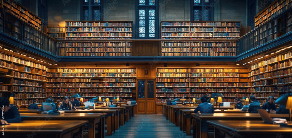 Fototapeta premium An expansive library featuring wooden shelves filled with books, warm lighting, and focused individuals studying quietly.