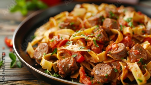 Close-up of Italian Sausage and Tomato Pasta with Parsley