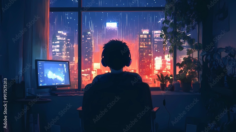 anime style It's a rainy night and a silhouette boy with headphone is looking out the window village view anime style It's a rainy night and a silhouette boy with headphone is looking out the window village view