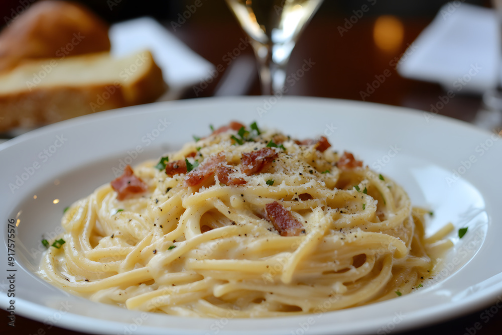 A plate of creamy carbonara. pasta with bacon and cheese on top A plate of creamy carbonara. pasta with bacon and cheese on top