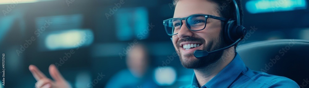 call center agent wearing headset and smiling while speaking to customer on phone call center agent wearing headset and smiling while speaking to customer on phone