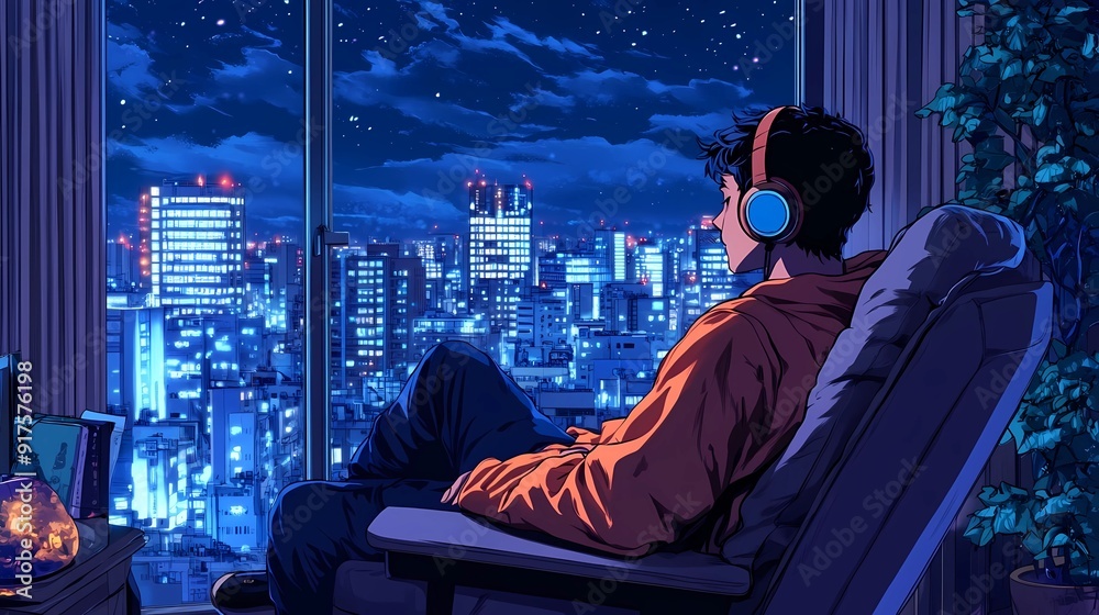anime style It's a stunning night and a man wear headphone in the cozy chair near the window anime style It's a stunning night and a man wear headphone in the cozy chair near the window