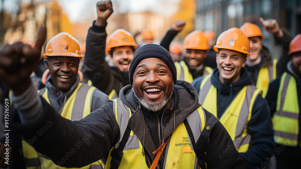Construction workers smiling in yellow vests and vests raise their hands in the air at construction site.generative ai
