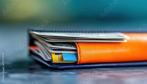 A close-up view of a stylish wallet featuring cash and cards organized neatly, perfect for showcasing finance and personal items. photo