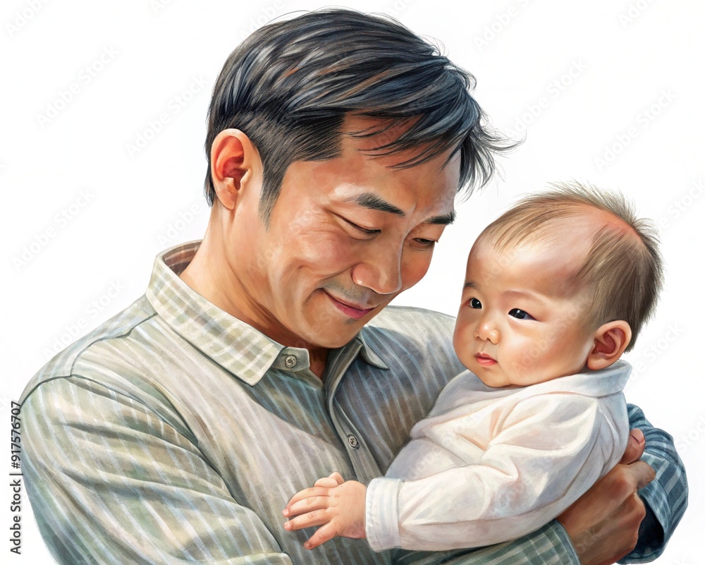 An Asian man lovingly holding a small baby in a clean, white space. The man is gently cradling the baby with a tender and affectionate expression. An Asian man lovingly holding a small baby in a clean, white space. The man is gently cradling the baby with a tender and affectionate expression.