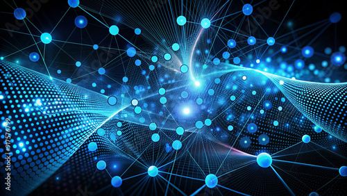 Digital abstract design with interconnected blue dots and lines on a black background, emphasizing a modern aesthetic.