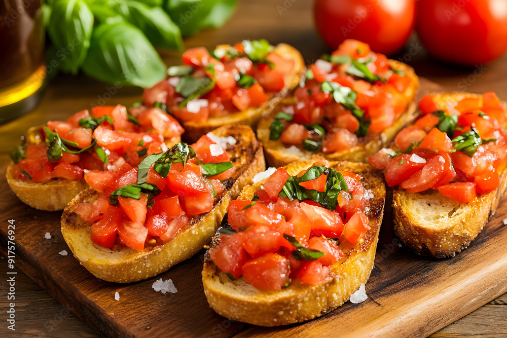 A plate of tomato bruschetta is on a wooden table A plate of tomato bruschetta is on a wooden table