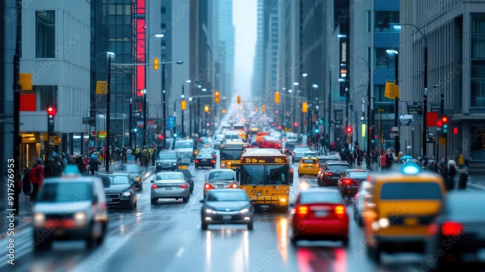 A bustling city street filled with traffic under rainy weather, showcasing urban life and vibrant colors in a metropolitan setting. A bustling city street filled with traffic under rainy weather, showcasing urban life and vibrant colors in a metropolitan setting.