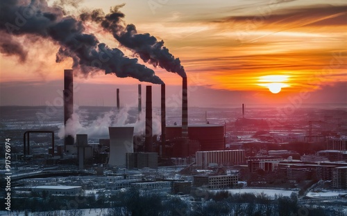Industrial facility releasing smoke into the air during sunset, highlighting environmental pollution and industrial activities. Emphasis on the contrast between nature and industrialization  photo