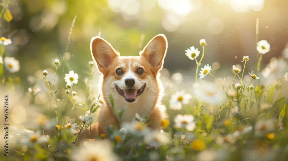 A Smiling Corgi in a Field of Daisies A Smiling Corgi in a Field of Daisies