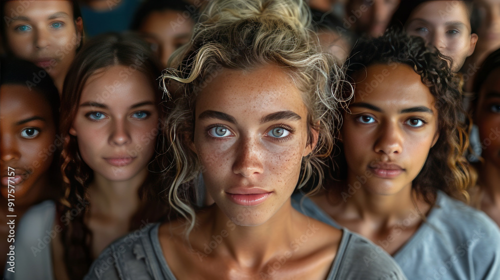 Fototapeta premium large mixed group of multicultural people look camera,generative ai