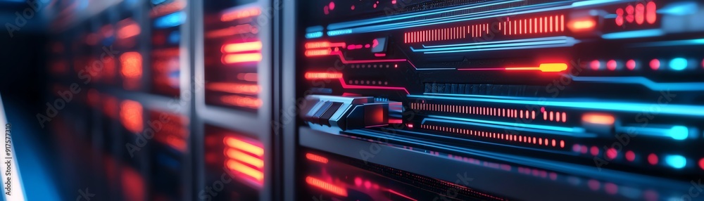 A close-up view of modern server hardware with illuminated components showcasing technology in a data center environment. A close-up view of modern server hardware with illuminated components showcasing technology in a data center environment.
