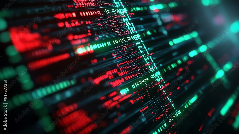 Abstract data visualization with green and red code lines, conveying technology and digital communication themes. Abstract data visualization with green and red code lines, conveying technology and digital communication themes.