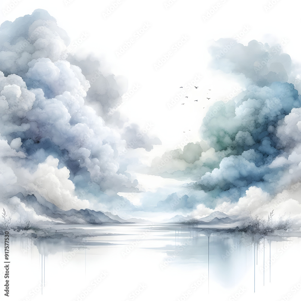 Fototapeta premium 흰 배경, 구름, 하늘, 수채화 (white background, clouds, sky, water colour)