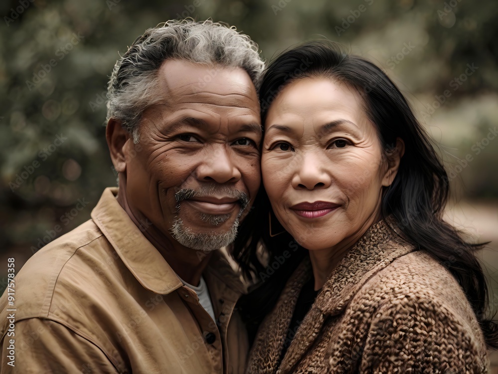 Portrait of a couple of black man from Africa and white woman from Asia, individuals of different races Portrait of a couple of black man from Africa and white woman from Asia, individuals of different races