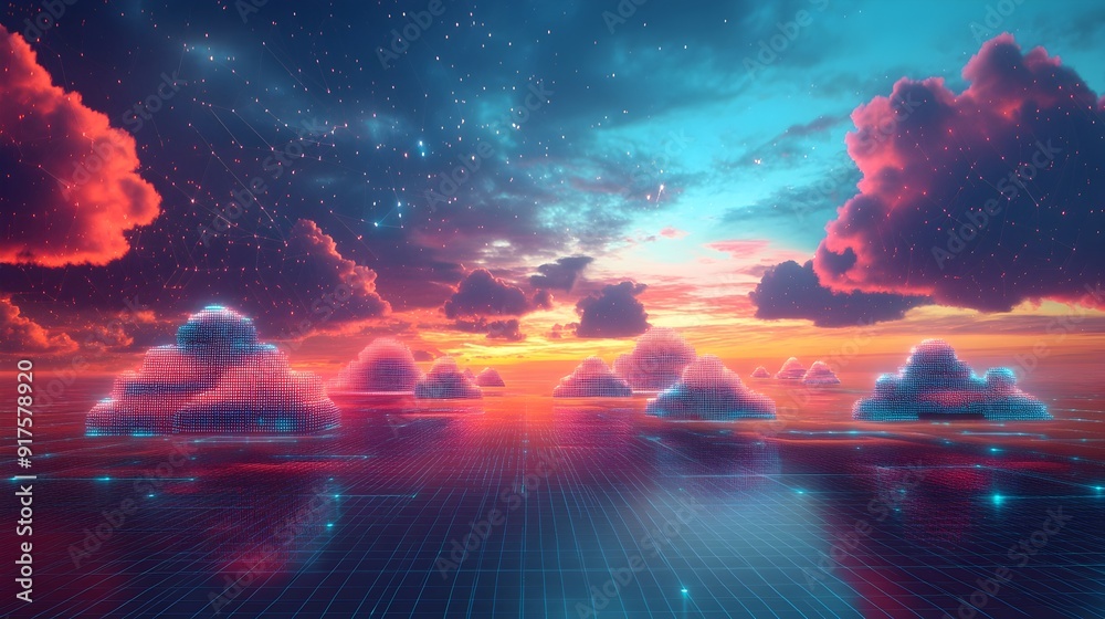Obraz premium Futuristic 3D Cloud Computing Landscape with Vibrant Digital Nodes and Technological Visualization