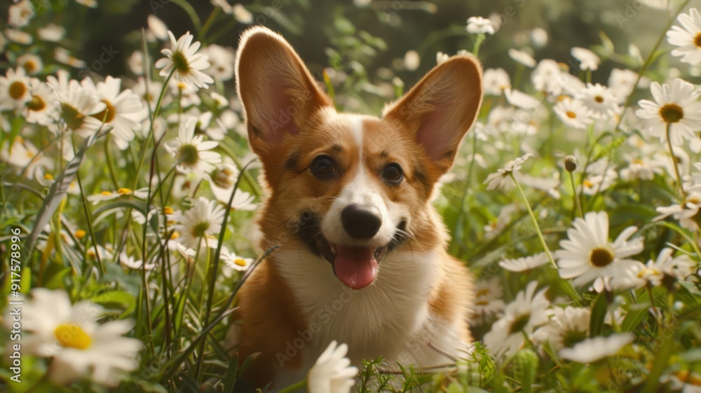 A Smiling Corgi Dog Surrounded by Daisies A Smiling Corgi Dog Surrounded by Daisies