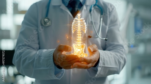 A doctor holds a glowing 3D spine model, symbolizing innovative healthcare and advanced orthopedic technology.