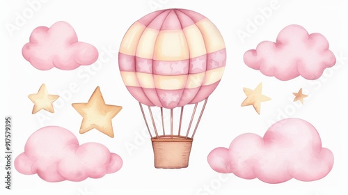 Charming pastel illustration of a hot air balloon, clouds, and stars perfect for newborn greeting cards and baby shower invites. photo