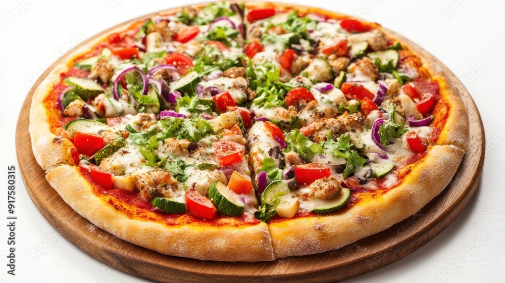 Detailed vegetable pizza with Caesar salad topping, white Detailed vegetable pizza with Caesar salad topping, white