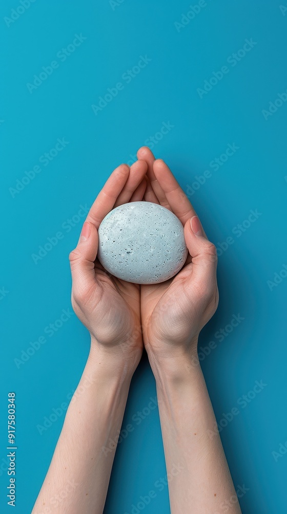 A person's hands gently holding a smooth stone against a bright blue background, symbolizing care and tranquility. A person's hands gently holding a smooth stone against a bright blue background, symbolizing care and tranquility.