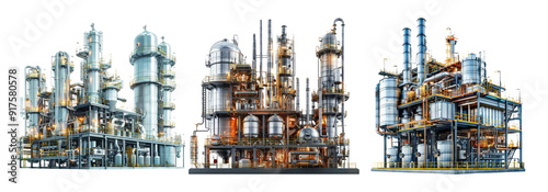 Industrial refineries set isolated on transparent background with complex machinery and structures photo