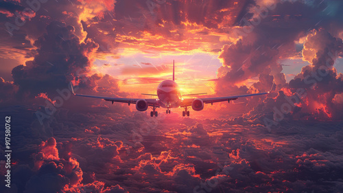 An airliner soaring through a sunrise scene, portraying a feel of renewal and hope.generative ai