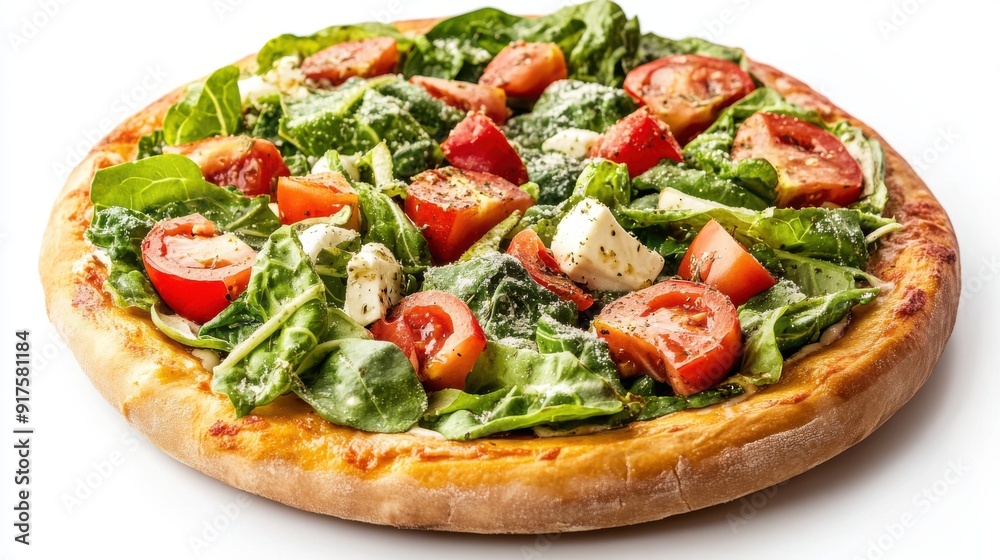 Realistic vegetable pizza topped with Caesar salad, white background Realistic vegetable pizza topped with Caesar salad, white background