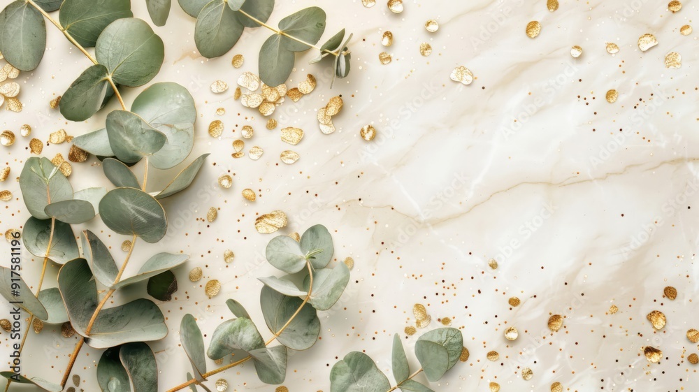 Green Eucalyptus Leaves and Golden Glitter on Marble Background
