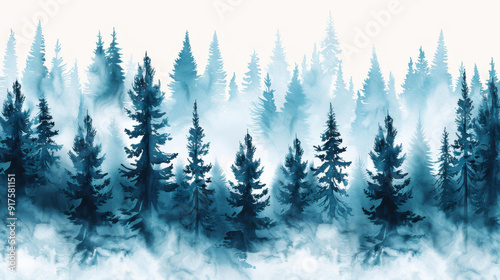 A charming seamless pattern featuring a misty forest, beautifully rendered in delicate watercolors.