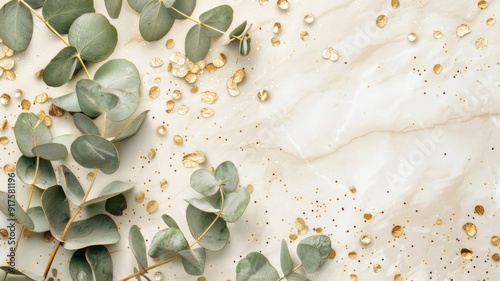 Obraz na płótnie Green Eucalyptus Leaves and Golden Glitter on Marble Background w salonie