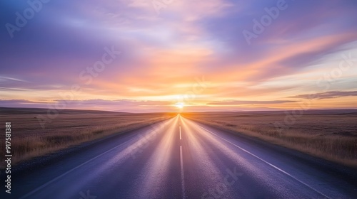 Dramatic Sunrise Illuminating an Empty Countryside Highway Stretching to the Horizon