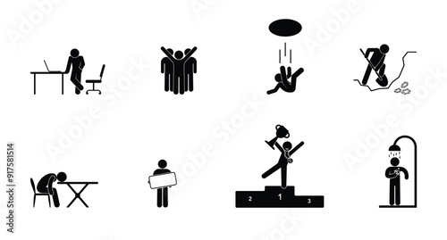 stick figure icon man, stickman isolated on white, people work, teamwork, winner, set of human silhouettes