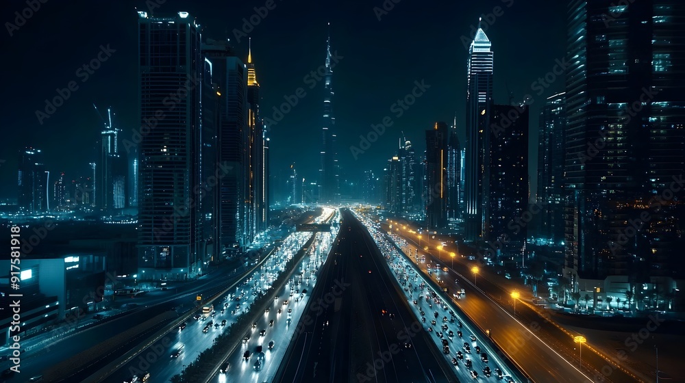Illuminated night highway cutting through a futuristic urban skyline during a city journey Illuminated night highway cutting through a futuristic urban skyline during a city journey